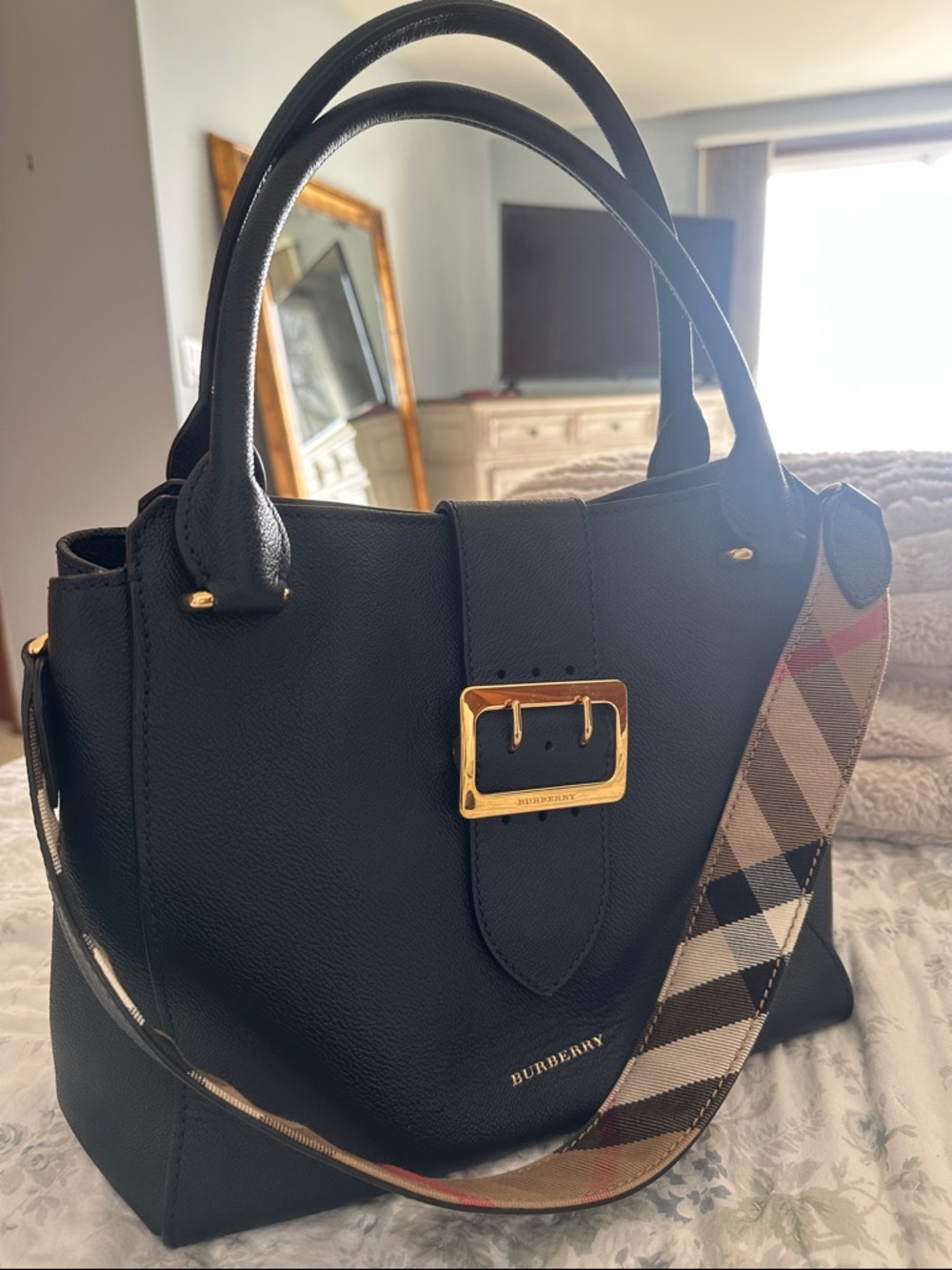 Burberry Black Leather Satchel with Checkered Strap and Gold Buckle